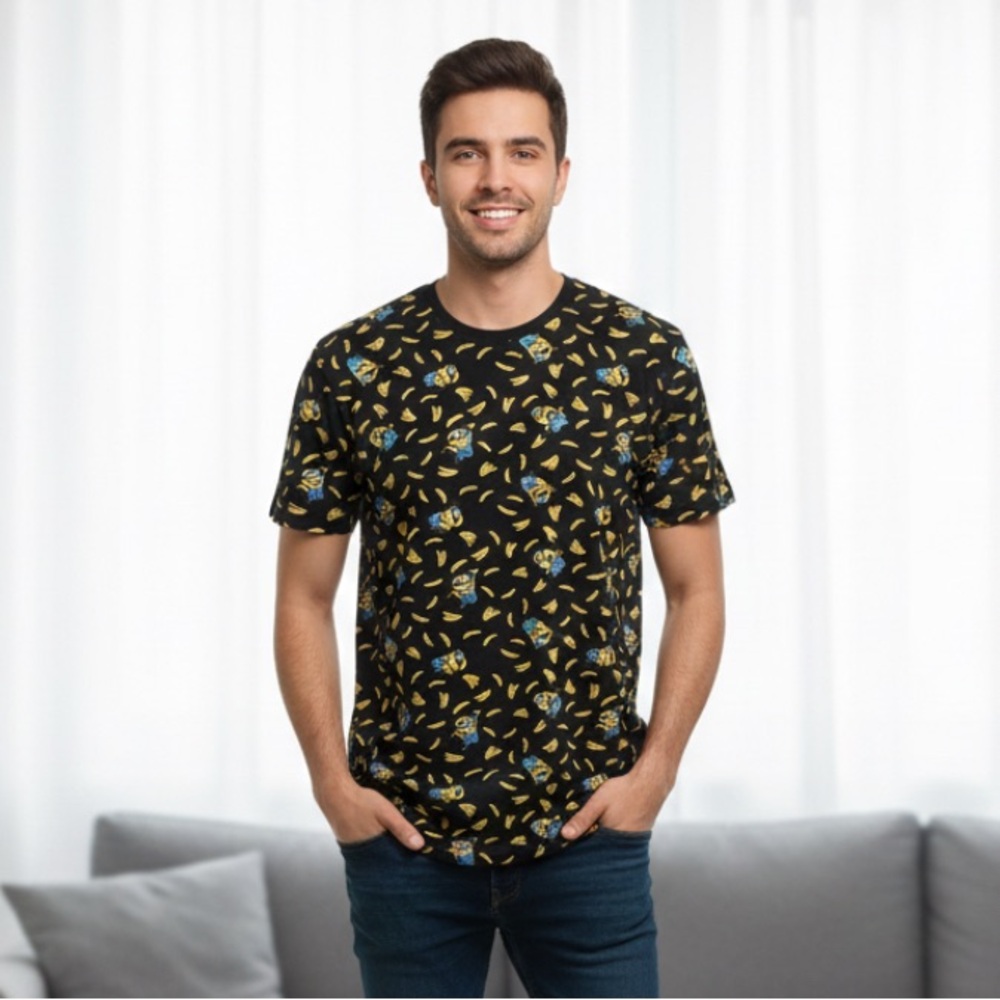 Men's Sinsay Minions Banana AOP T-Shirt Black Graphic Tee Movie Merch Size L